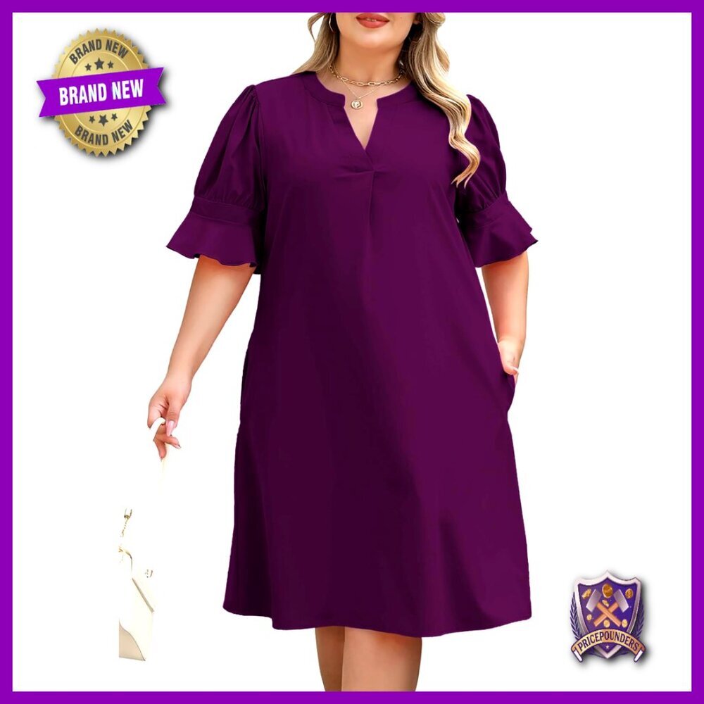 Plus Size Shift Dress V-Neck Ruffled Sleeves Pockets Casual Summer